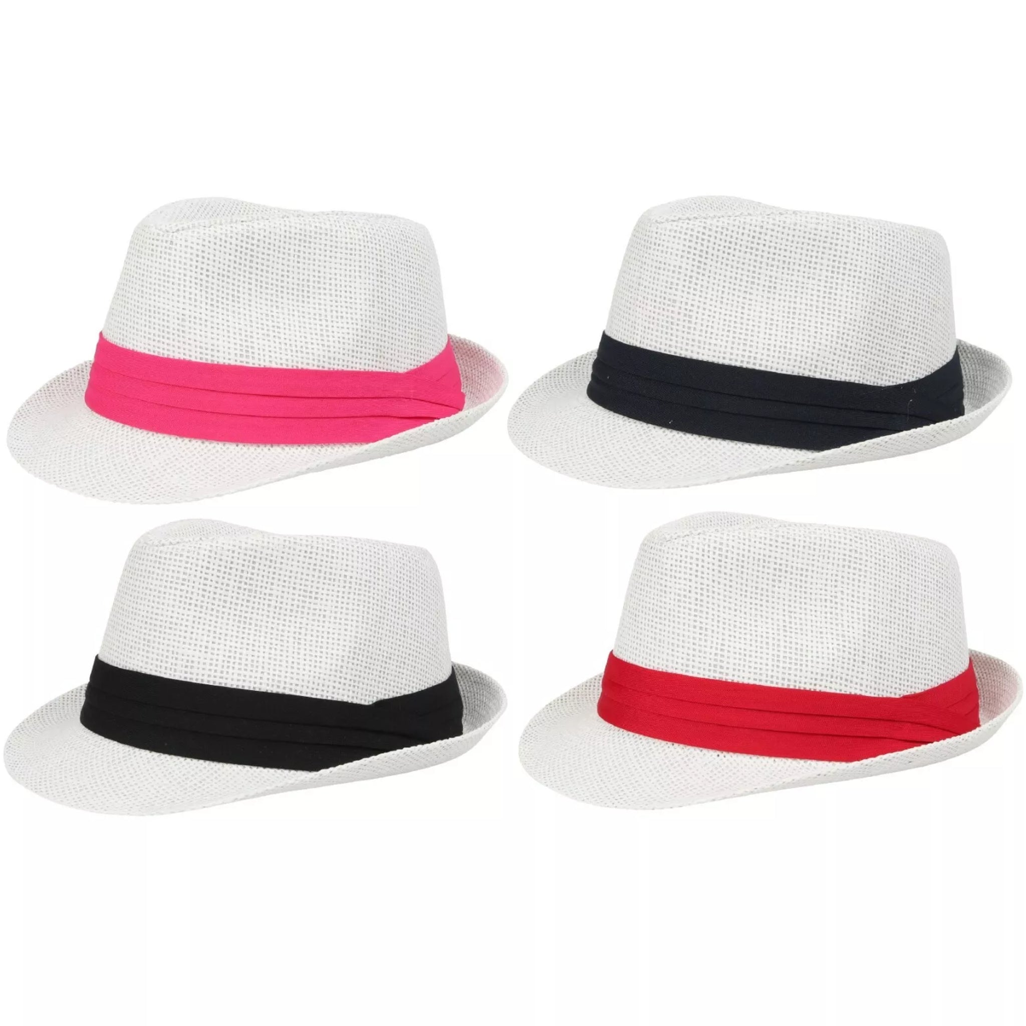 White straw trilby sun hat with black, red, pink or navy band for men and women summer fashion